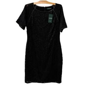 Lauren Ralph Lauren | Dress Lace Black Fancy Short Sleeve NWT- Size 16